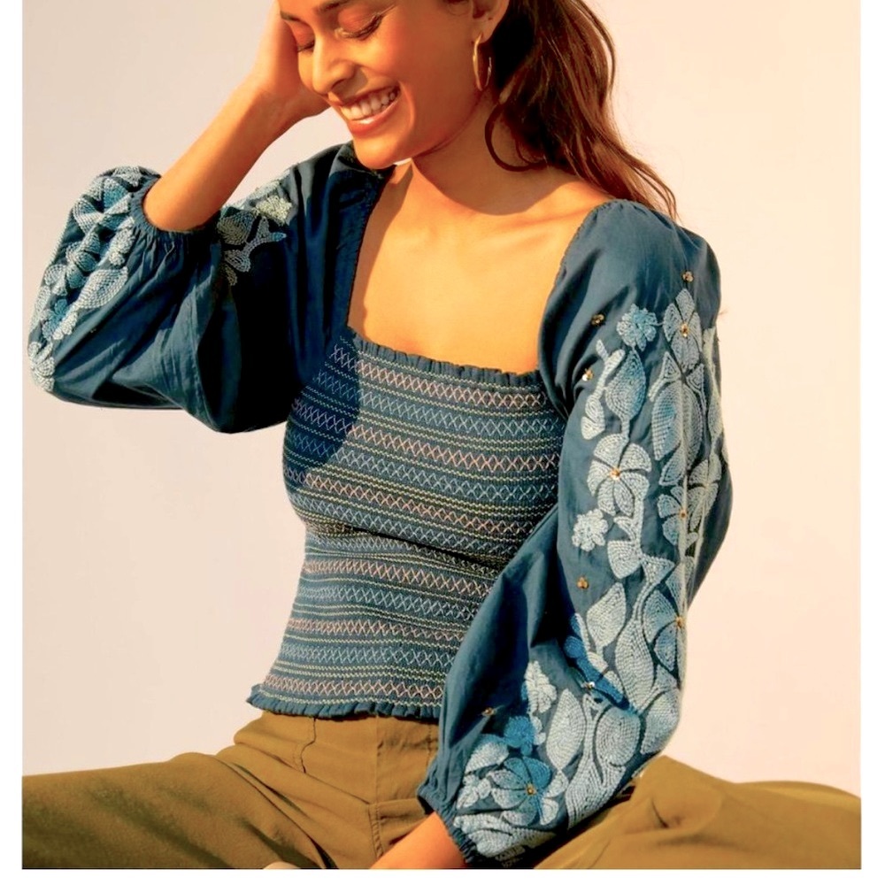 Anthropologie teal embellished sleeve top, floral detail